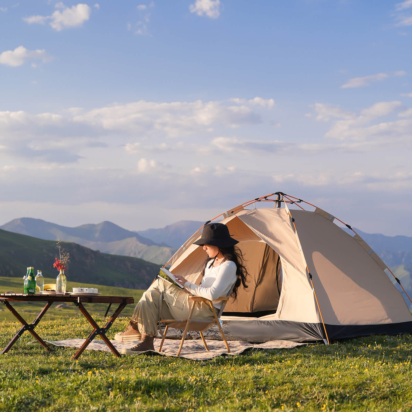 Outdoor camping pop up tent pop up camping tent family outdoor camping grassland setup
