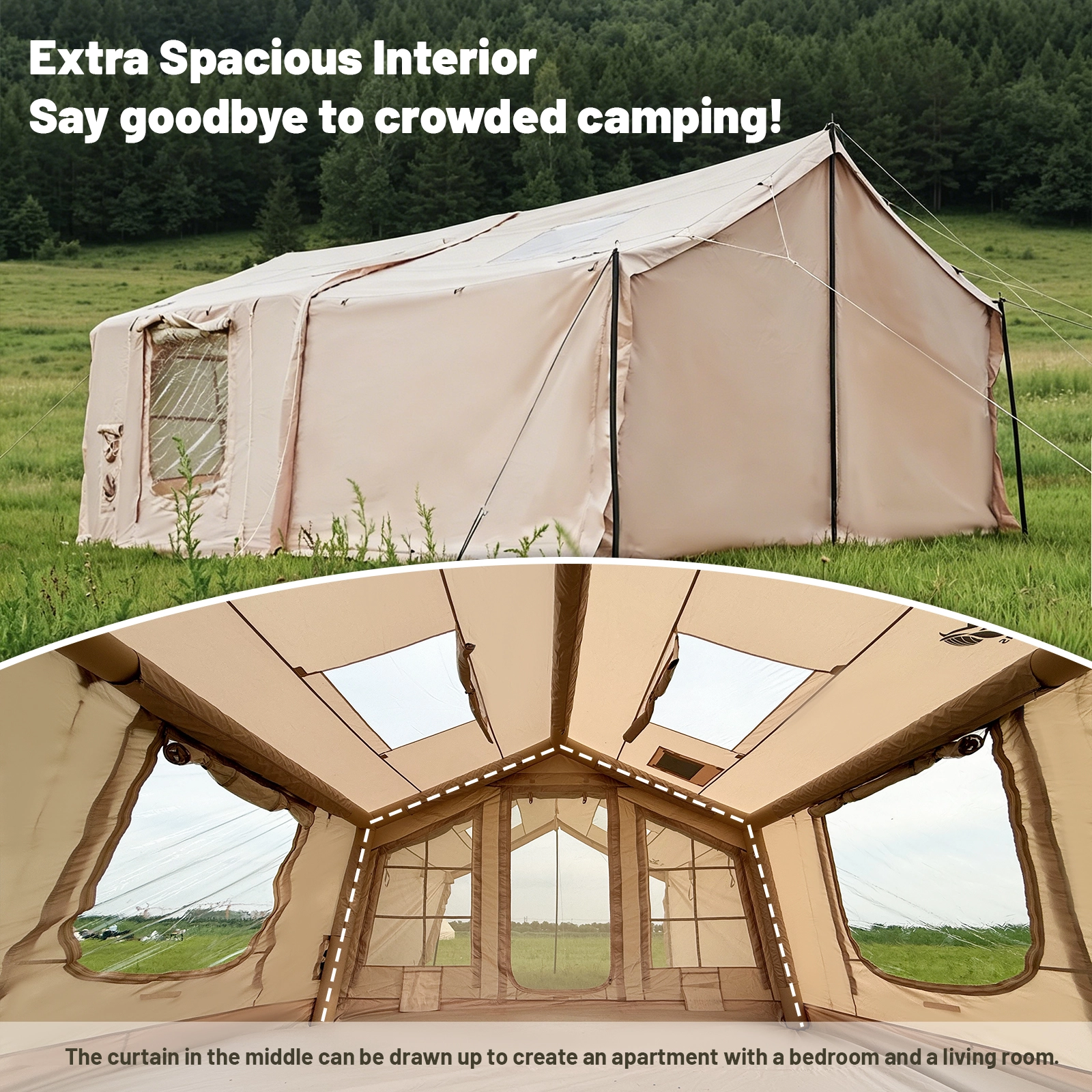Extra large interior space The oversized interior comfortably accommodates multiple campers, furniture, and camping equipment.
