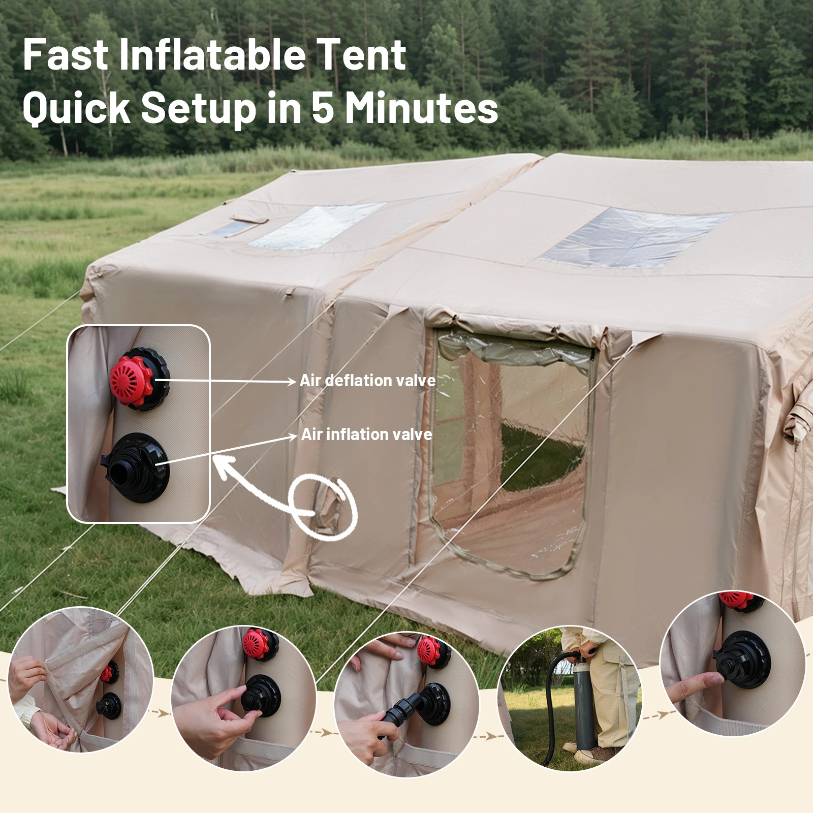 Quick air inflation system The air beam structure enables fast inflation, allowing the tent to be ready within minutes. ✅ ⑥ 功能图 3(部位分析图)