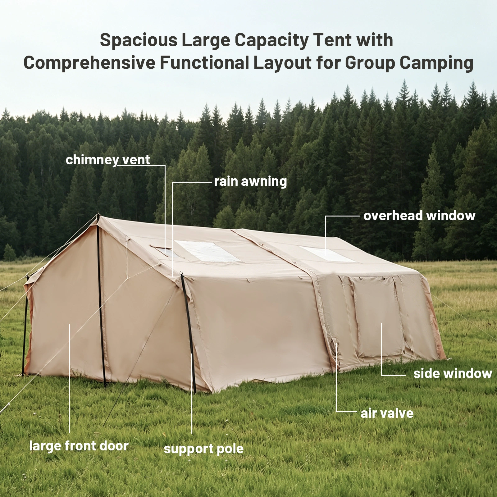 Tent structure overview The structure diagram identifies key components including the air beams, entrances, ventilation windows, and anchor points.