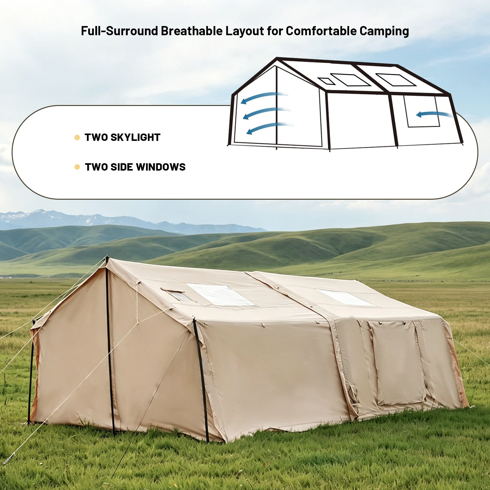 Ventilated and comfortable Multiple ventilation windows improve airflow, creating a fresh and comfortable camping environment.