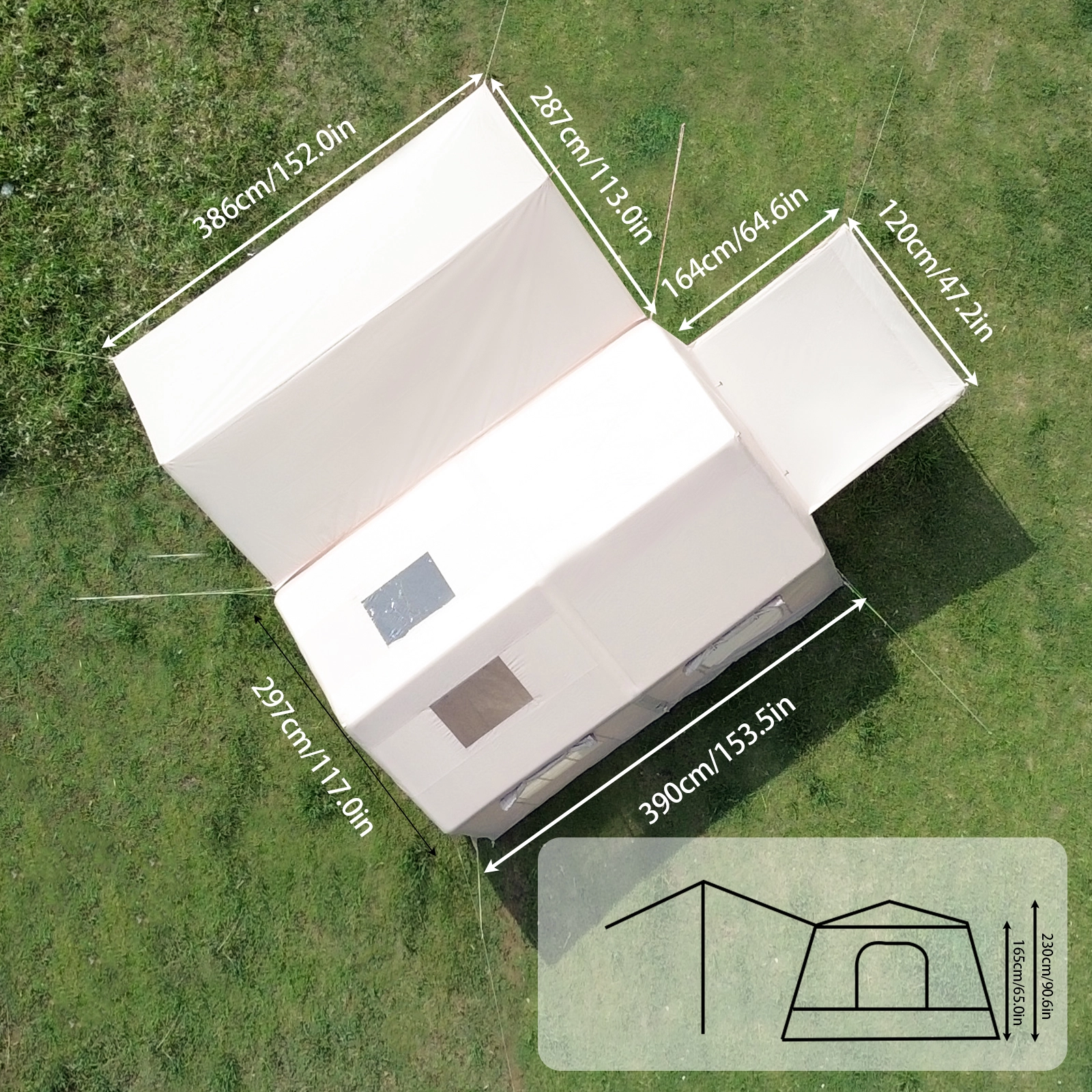 Double awning tent dimensions This dimensions chart shows the overall length, width, height, and dual-awning layout for efficient campsite planning.