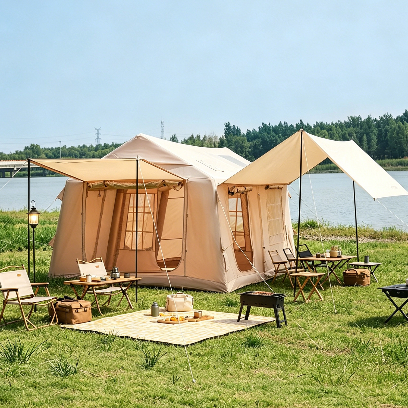 Inflatable tent on grassland Set up on open grassland, the inflatable tent provides a comfortable outdoor living area with extended shade on both sides.