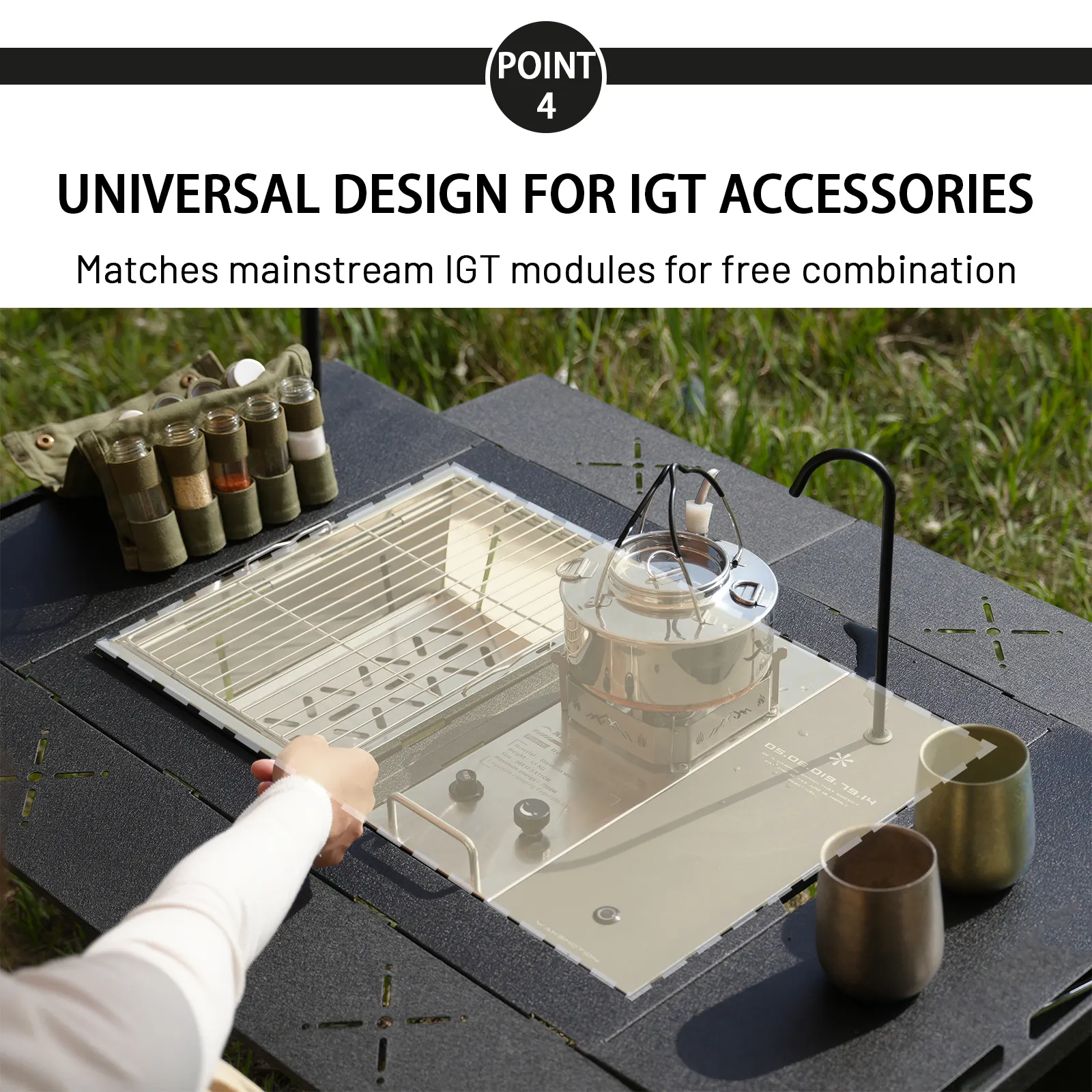 Modular accessory system IGT tactical table modular accessory compatible camping system