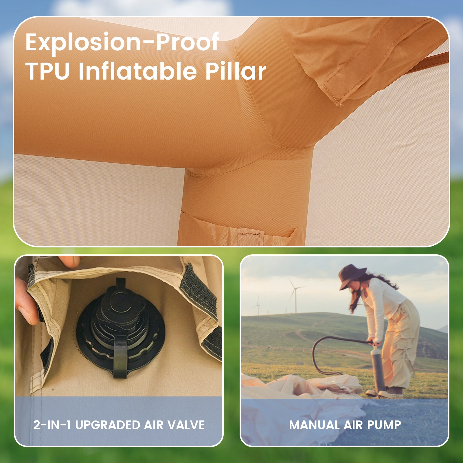Fast air inflation The air beam system allows the tent to be inflated quickly, reducing setup time for outdoor adventures.