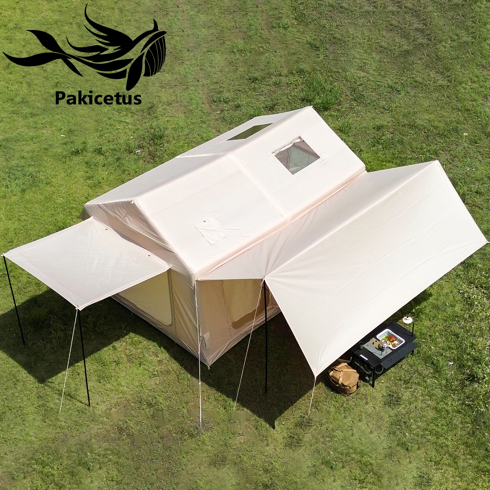 Double awning inflatable camping tent This double awning inflatable camping tent features spacious living space, dual side awnings, and fast air inflation for premium outdoor camping.